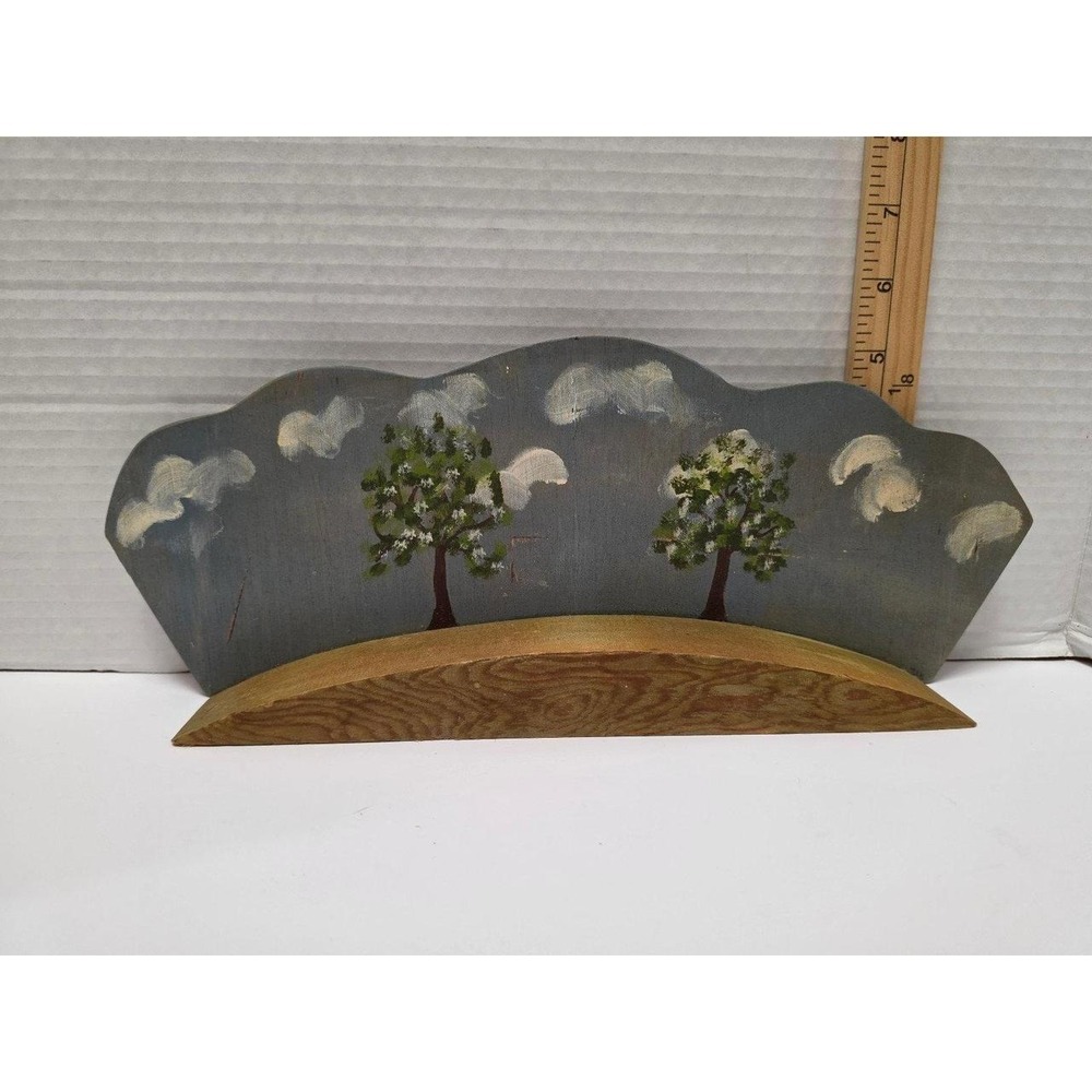 Folk art handcrafted, hand-painted wooden shelf landscape scene cottagecore